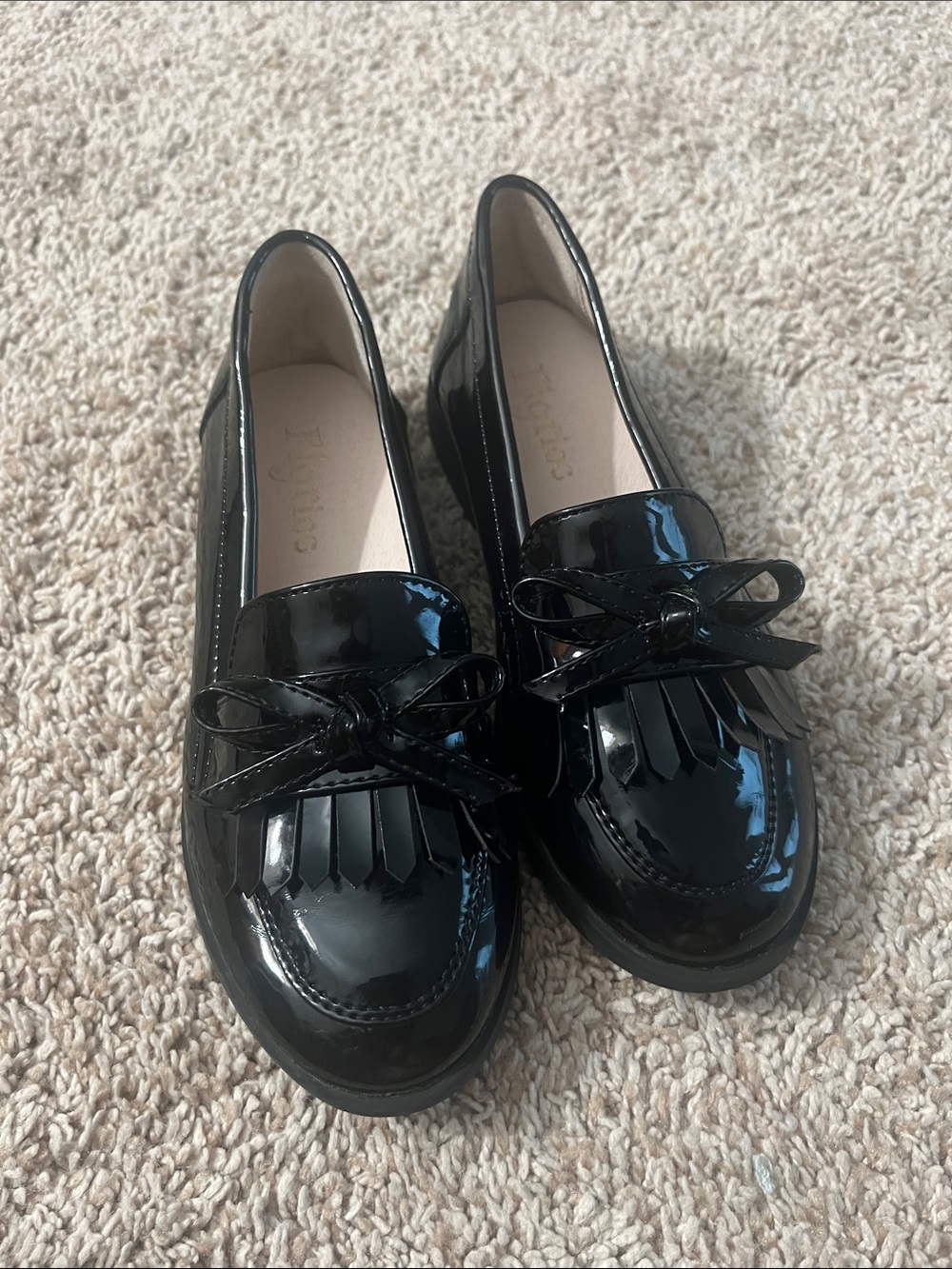 Shiny Black Kiltie Loafers for Kids with Bow Accent